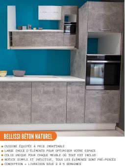 Meuble haut de cuisine Bellissi Beton Naturel 2 portes relevables avec vitre opaque L 90 cm