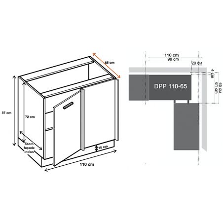 Meuble d'angle bas Bellissi Beton Ardoise 1 porte L 110 cm