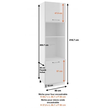 Colonne de cuisine pour micro-onde et four encastrable - 2 portes, L 60 cm - bellissi beton ardoise