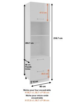 Colonne de cuisine pour réfrigérateur encastrable Lovia Blanc Mat 3 portes  L 60 cm
