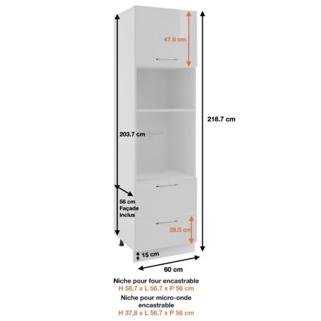 Colonne de cuisine pour micro-onde et four encastrable Lovia Gris Mat 2 tiroirs L 60 cm