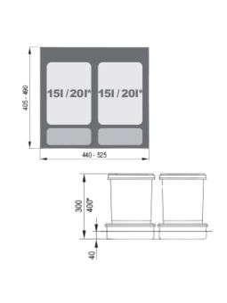 Poubelles 2 x 15l pour meuble sous-évier 60 cm 