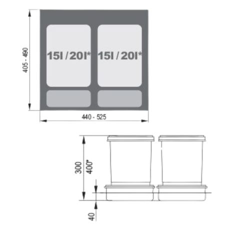 Poubelles 2 x 15l pour meuble sous-évier 60 cm 