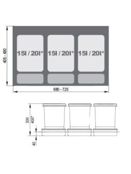 Poubelles 3 x 15l pour meuble sous-évier 80 cm 