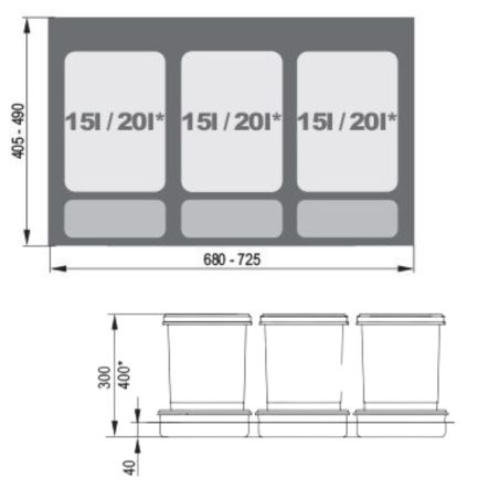 Poubelles 3 x 15l pour meuble sous-évier 80 cm 