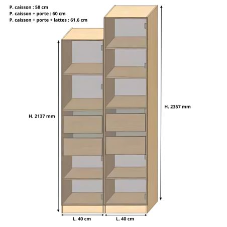 Dressing Armadio - armoire avec étagères et 2 tiroirs - Largeur 40 cm - Sans Façade