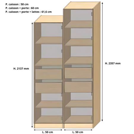 Dressing Armadio - armoire avec étagères et 2 tiroirs - Largeur 50 cm - FaçadeDécor bois chêne brut