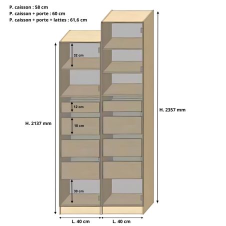 Dressing Armadio - armoire avec étagères et 4 tiroirs - Largeur 40 cm - Sans Façade