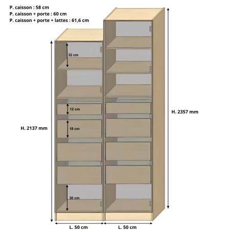 Dressing Armadio - armoire avec étagères et 4 tiroirs - Largeur 50 cm - Sans Façade