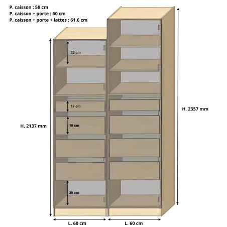 Dressing Armadio - armoire avec étagères et 4 tiroirs - Largeur 60 cm - Sans Façade