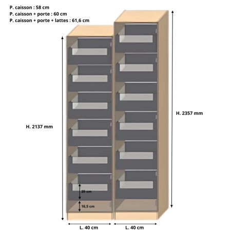 Dressing Armadio - armoire avec tiroirs éclairés - Largeur 40 cm - FaçadeGris mat