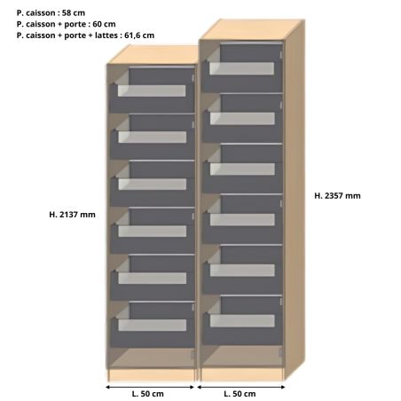 Dressing Armadio - armoire avec tiroirs éclairés - Largeur 50 cm - FaçadeGris mat