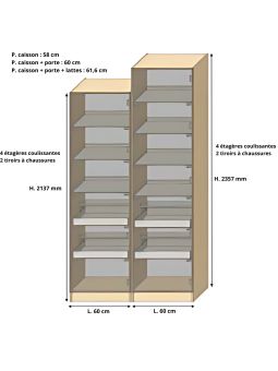 Dressing Armadio - armoire avec étagèress coulissantes et 2 étagèress à chaussures - Largeur 60 cm - Sans Façade