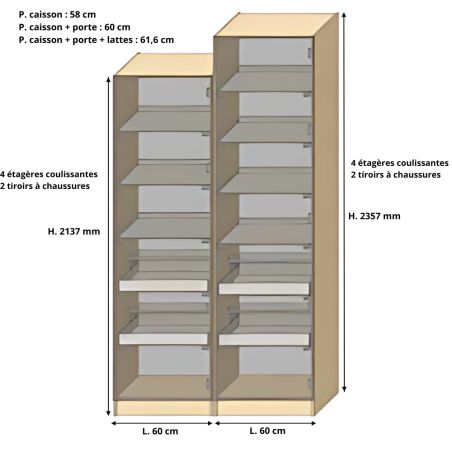 Dressing Armadio - armoire avec étagèress coulissantes et 2 étagèress à chaussures - Largeur 60 cm - Sans Façade