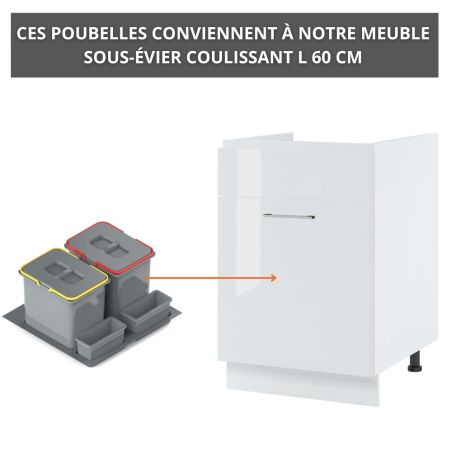 Poubelles 2 x 15l pour meuble sous-évier coulissant 60 cm 