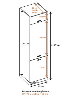 Colonne de cuisine pour réfrigérateur encastrable Bellissi Beton Naturel 3 portes L 60 cm